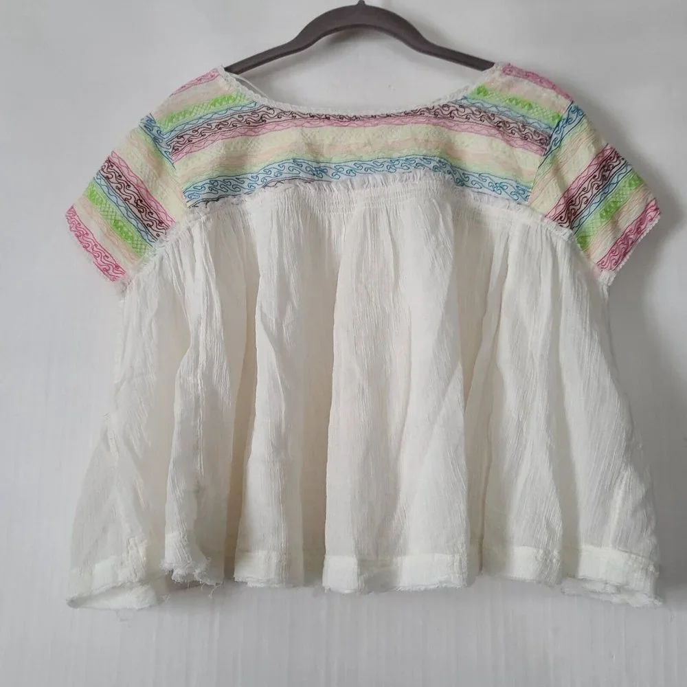 Free People Mirabella Embroidered Top Sz XS Cream Multicolor Crop SS NWT $128